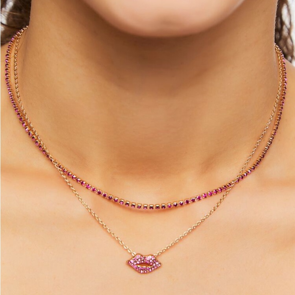 Forever 21 pink and gold rhinestone choker layered lips necklace New with Tags
